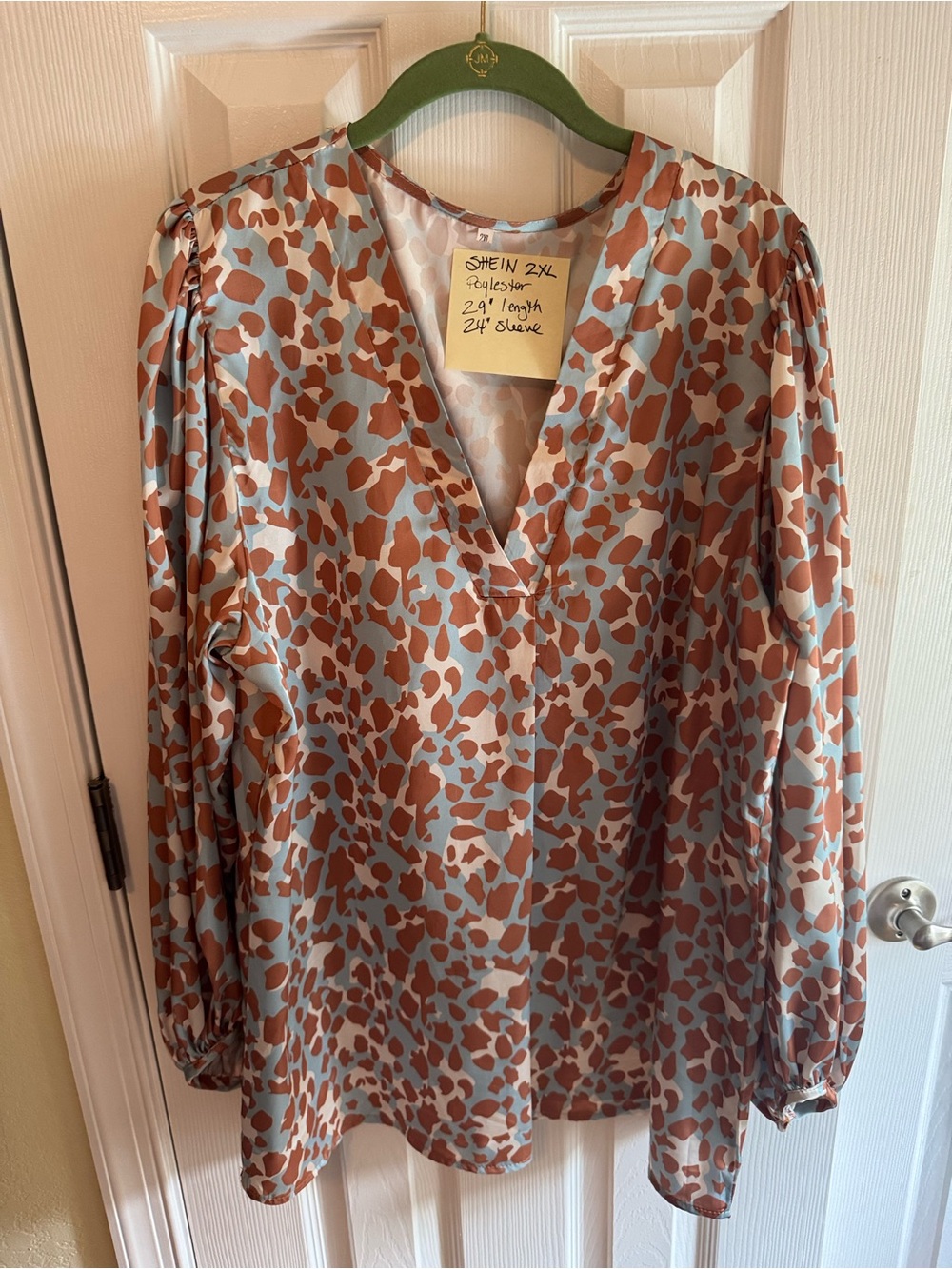 SHEIN Rust & Light Blue V-Neck Long Sleeve Animal Print Blouse